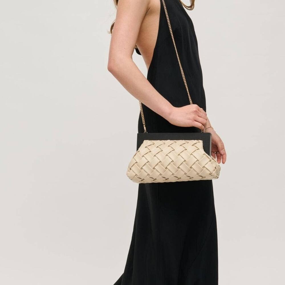 Jamie Woven Clutch Wooden Frame Ivory Vegan Leather - Picture 5 of 5